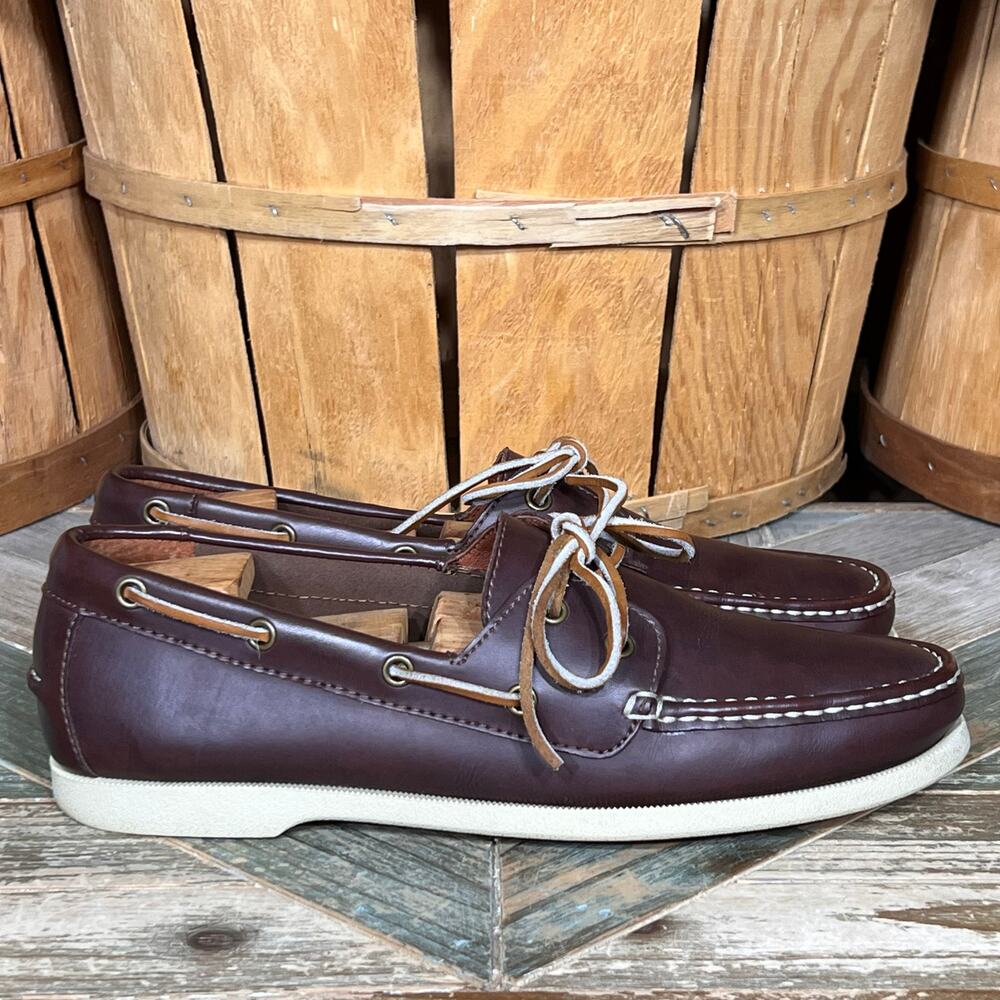 Lands' End Mainstay 2-Eye A/O Brown Leather Lace-Up Boat Shoes Mens Size 9.5 D